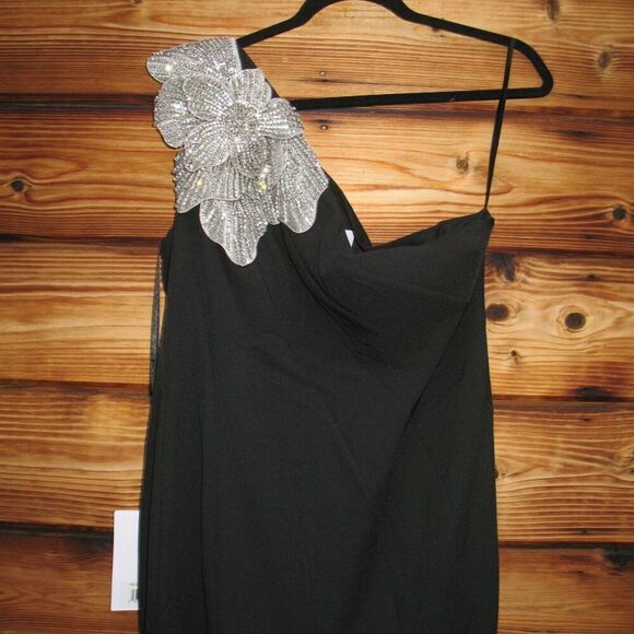 Mac Duggal 11810 Womens Black Crepe One Shoulder Gown With Flower 4 - Picture 8 of 15